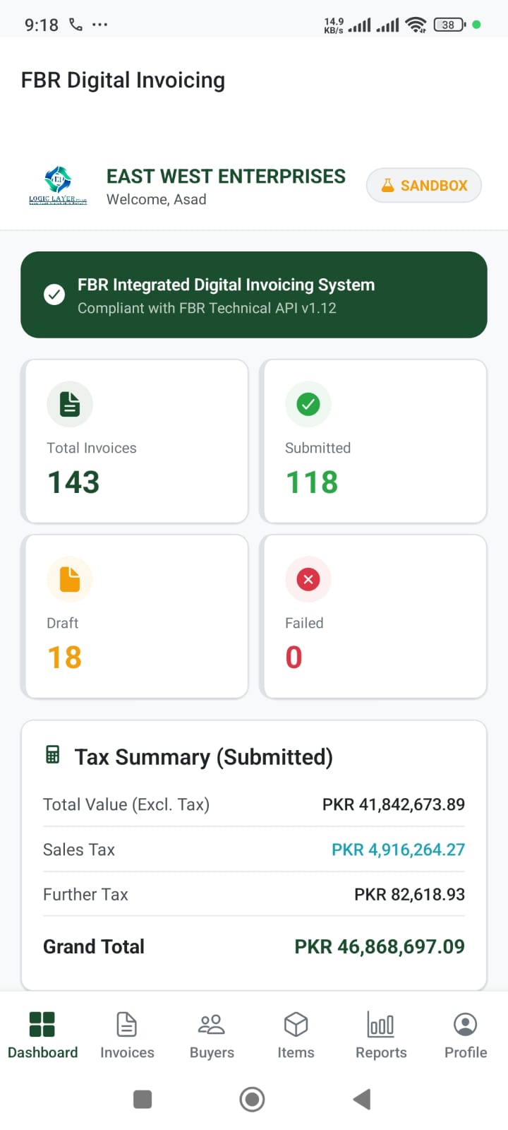 FBR Digital Invoicing Android App - Dashboard showing 143 invoices and tax summary