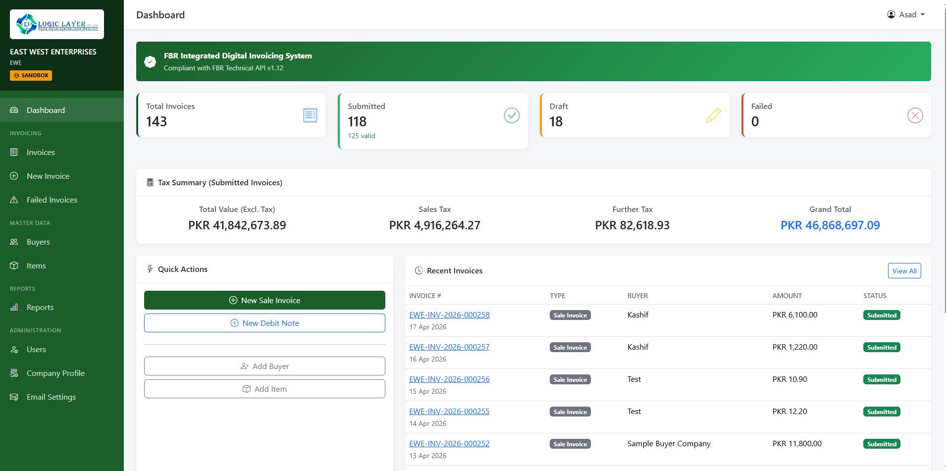 FBR Digital Invoicing Dashboard - 143 Invoices, Tax Summary, Real-time FBR Compliance